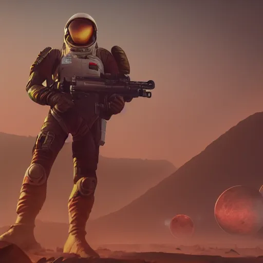 Image similar to space soldier with a gun. the setting is on mars. a metaverse / space city is seen in the background, with surrounding floating islands. high details, artstation, octane render, concept art