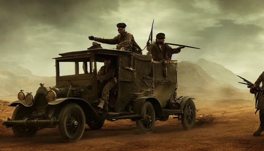 Image similar to british army driving a car in 1921 in indian village, tribe members attacking, action scene, an epic fantasy, dramatic lighting, cinematic, establishing shot, extremely high detail, photorealistic, cinematic lighting, artstation, by christopher nolan, horizon forbidden west