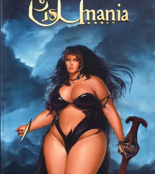Prompt: 1 9 8 0 s fantasy novel book cover, bbw plus size amazonian ariana grande in extremely tight bikini armor wielding a cartoonishly large sword, exaggerated body features, dark and smoky background, low quality print