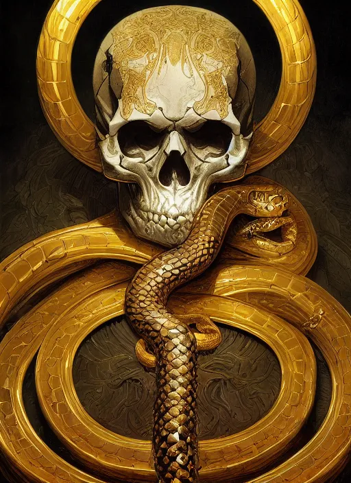 Image similar to A skull with a gold snake slithering around it, highly detailed, digital painting, artstation, concept art, sharp focus, illustration, art by greg rutkowski and alphonse mucha