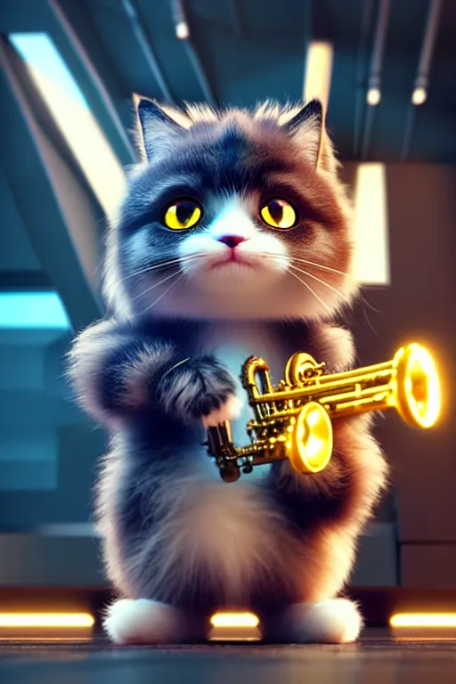 Image similar to high quality 3 d render very cute fluffy cyborg! cat plays saxophone, cyberpunk highly detailed, unreal engine cinematic smooth, in the style of blade runner & detective pikachu, hannah yata charlie immer, moody light, low angle, uhd 8 k, sharp focus