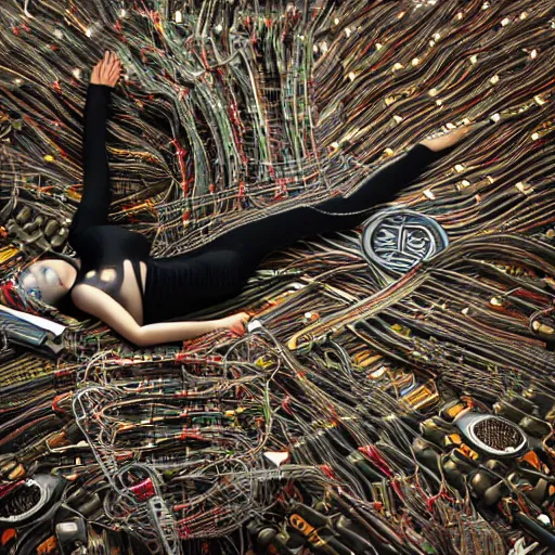 Image similar to tapping in to something greater, piles of modular synth cables, goddess laying down wearing a headpiece made of circuit boards, by cameron gray, wlop, stanley kubrick, masamune, hideki anno, unique perspective, trending on artstation, 3 d render, vivid