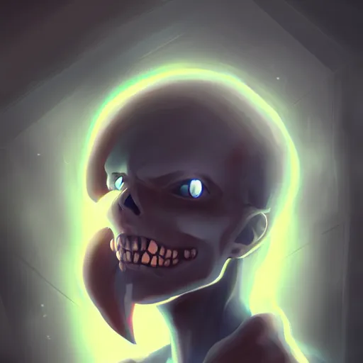 Image similar to evil dark character holding glowing skull, by makoto shinkai, digital art, artstation, high detalied,