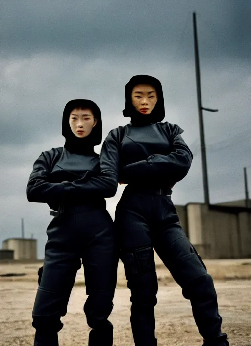 Image similar to cinestill 5 0 d photographic portrait of two caring clones, techwear women on a desolate plain, a brutalist dark metal building in the background, depth of field, 4 k, 8 k, hd, full color