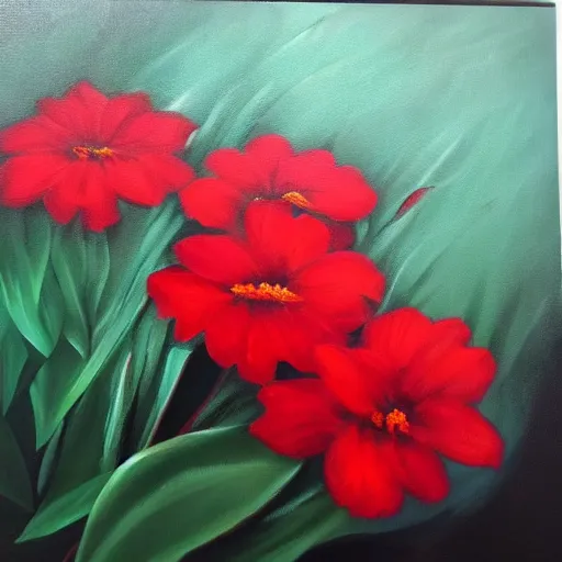 Prompt: oil painting of many various red flowers painted on a black background, the flowers are floating, dark atmosphere, realistic flowers oil painting