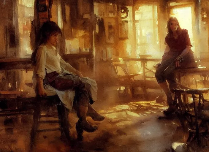 Prompt: oil watercolor painting of young rugged woman in western bar, shaven stubble, short hair, mysterious light, art by anders zorn, wonderful masterpiece by greg rutkowski, beautiful cinematic light, american romanticism by greg manchess, creation by tyler edlin