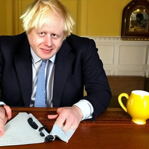 Image similar to Boris Johnson wearing suit and necktie drinking tea from a yellow mug