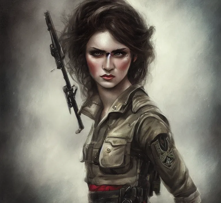 Image similar to a rugged female marine in the style of tom bagshaw