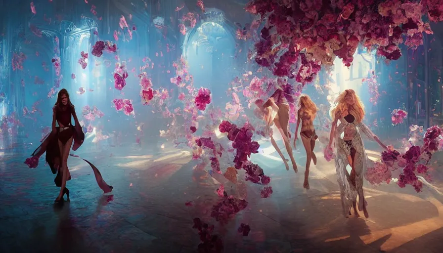 Image similar to victoria secret runway show, light, shadows, reflections, flowers, epic composition, intricate, elegant, volumetric lighting, digital painting, highly detailed, artstation, sharp focus, illustration, concept art, ruan jia, steve mccurry, artgerm and mina petrovic and timothy kong and marina federovna