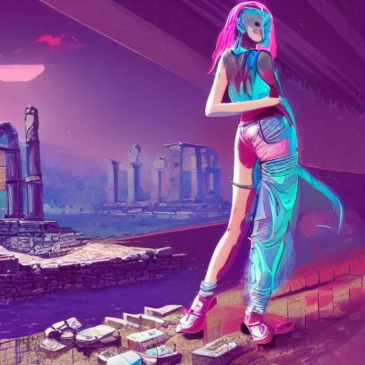 Prompt: A girl exploring ancient ruins,retrowave art,trending on art station