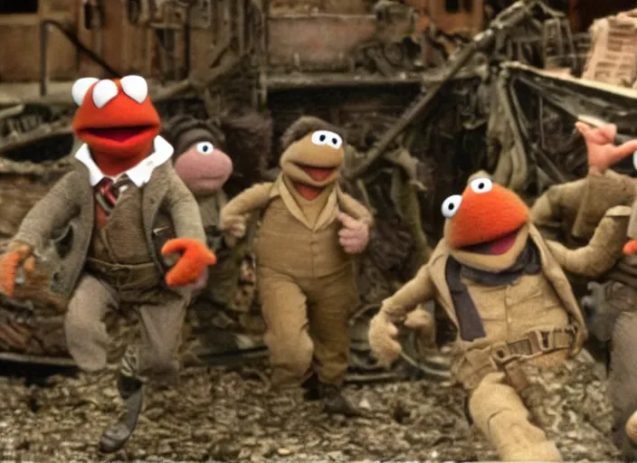 Image similar to landing scene from muppet!! save private ryan