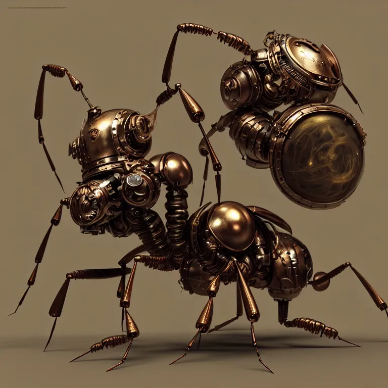 Prompt: steampunk robot ant, 3 d model, unreal engine realistic render, 8 k, micro detail, intricate, elegant, highly detailed, centered, digital painting, artstation, smooth, sharp focus, illustration, artgerm, tomasz alen kopera, peter mohrbacher, donato giancola, wlop