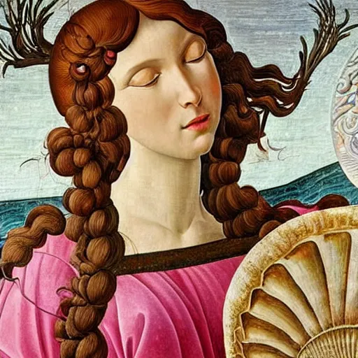 Image similar to an ultradetailed mythological oil painting of a beautiful woman with long brown hair, full body, wearing pink floral chiton, lying within a giant scallop shell, near the seashore, intricate lines, elegant, renaissance style, by sandro botticelli