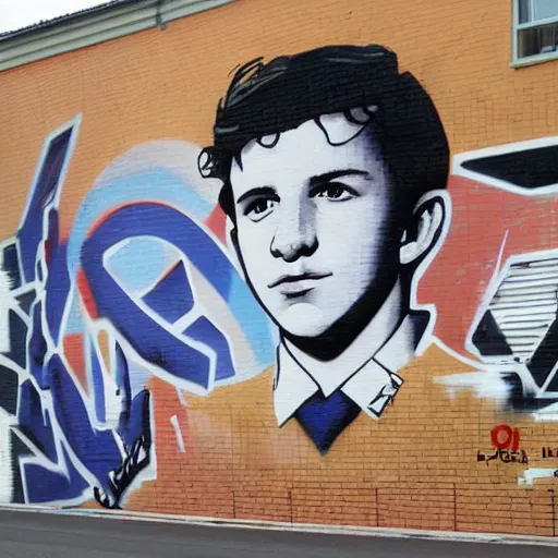 Prompt: grafitti mural of Tom Holland