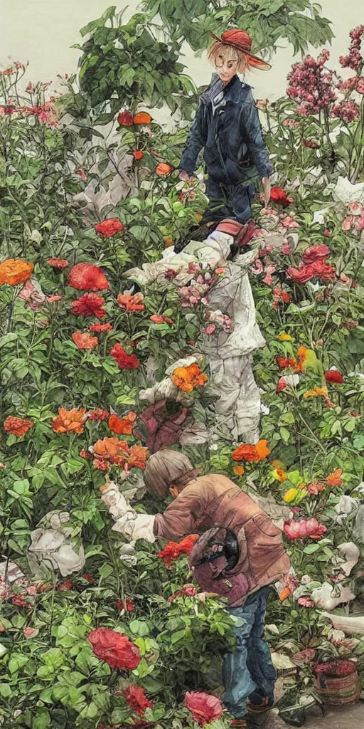 Prompt: oil painting scene from blooming gardeners by kim jung gi