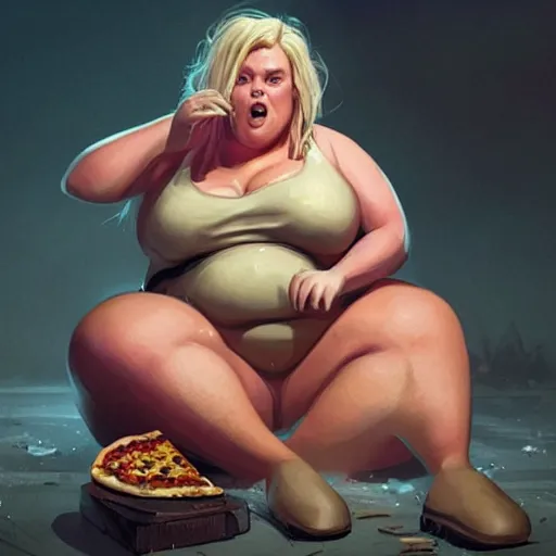 Image similar to a very fat margot robbie sitting in a messy room and burping because she ate too much pizza and junk food, fantasy art, illustration, amazing detail, in the style of greg rutkowski, artgerm, cgsociety