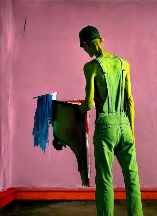 Prompt: a skinny, starving artist wearing overalls, painting the walls inside a deserted chernobyl sarcophagus, hauntingly surreal, highly detailed painting by francis bacon, edward hopper, adrian ghenie, gerhard richter, and james jean, soft light 4 k in pink, green and blue colour palette