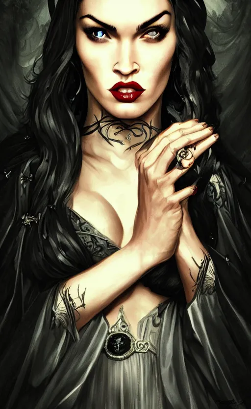 Image similar to megan fox witch queen, black eyes, blood, full body, intricate victorian dress, middle shot, cinematic lighting, symmetrical eyes, caravaggio, rafael albuquerque, charlie bowater, moody lighting, candles