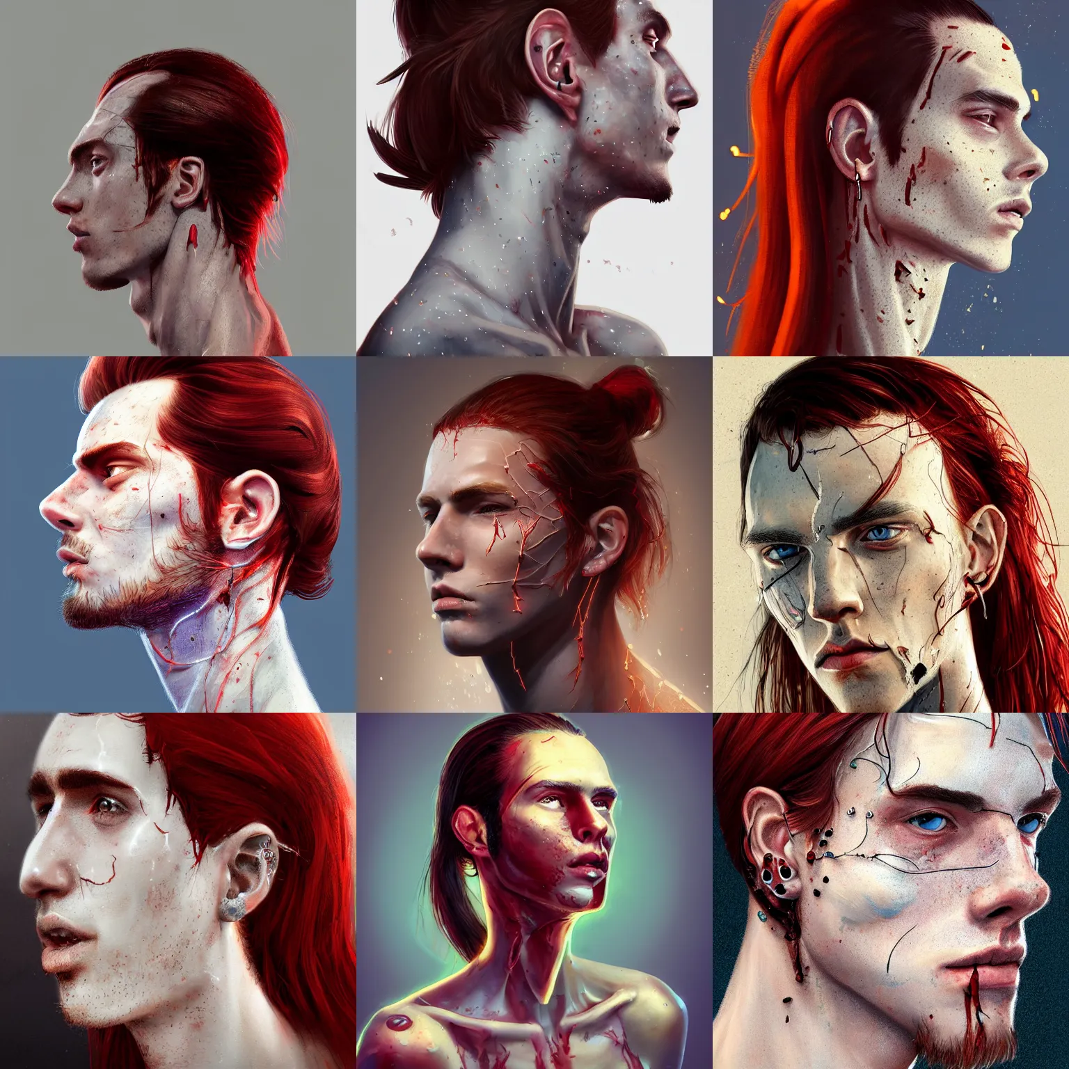 Prompt: portrait of a thin young man with long red hair, ponytail, a big scars, big gash on face, freckles on his face, an earring, intricate, elegant, glowing lights, highly detailed, digital painting, artstation, concept art, smooth, sharp focus, illustration