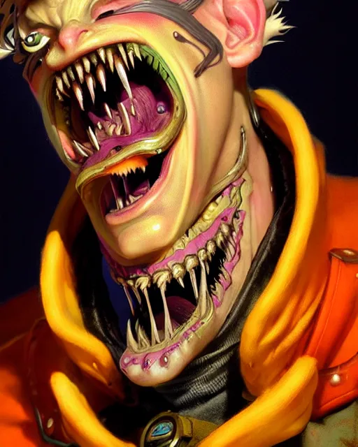 Image similar to junkrat from overwatch, mouth closed, fantasy, fantasy art, fantasy, colorful, elegant, character portrait, portrait, close up, highly detailed, intricate detail, amazing detail, sharp focus, vintage fantasy art, vintage sci - fi art, radiant light, caustics, by boris vallejo