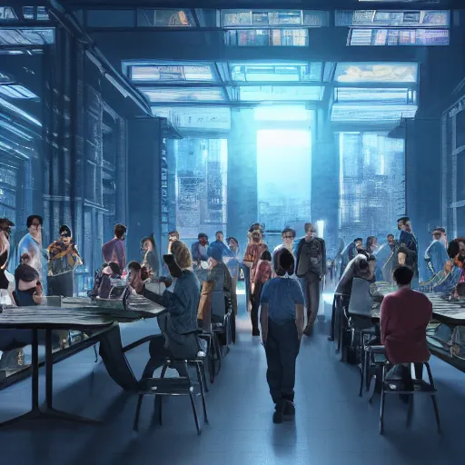 Image similar to large group people in a huge warehouse, gathered around a hologram of futuristic city on a table | cinematic concept art | godrays | 4 k | clear details | tabletop | tabletop