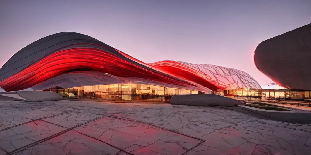 Image similar to extremely detailed ornate stunning sophisticated beautiful elegant futuristic museum exterior by Zaha Hadid, stunning volumetric light, stainless steal, concrete, translucent crimson red material, beautiful sunset, tail lights