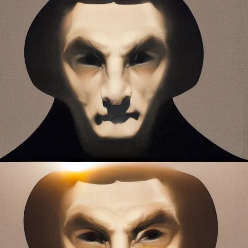 Image similar to the central image is a dracula like face, which appears to be staring directly at the viewer. the sun shines its light down as if it is burning the daylights out of the vampire. a dark background is placed behind it.