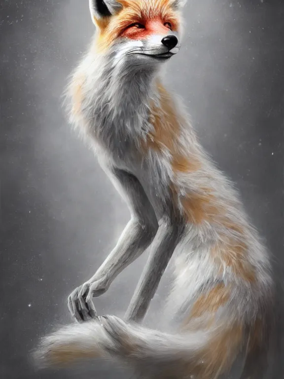 Image similar to a humanoid fox wearing a scientist white coat, chemicals on a white table in front of the fox, digital art, digital painting, masterpiece, anatomically correct, five fingers, cinematic, high coherence, realistic, high quality, highly detailed, 8 k, dramatic lighting, path traced, centered, high definition