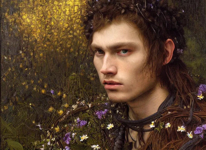 Prompt: druid. young man with braided brown hair covered in colorful wildflowers. amber eyes. leather armor, and a wooden flute. edgar maxence and caravaggio and michael whelan and delacroix style, artistic, intricate painting, cinematic lighting, hyper realistic, extremely detailed, vivid colors, establishing shot, dramatic lighting