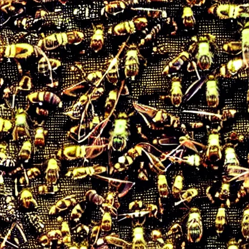 Image similar to gargantuan hive infestation of wasp like creatures in new york city, 1 9 9 2 vhs footage, blurry, grainy, detailed, complex