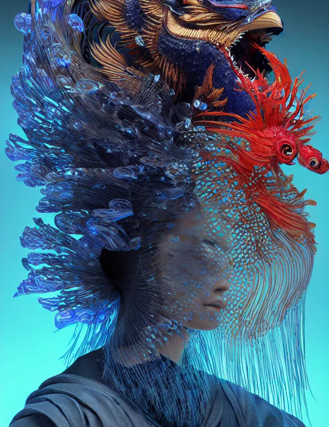 Prompt: 3 d shaman close - up profile portrait. beautiful intricately detailed japanese crow kitsune mask and clasical japanese kimono. betta fish, jellyfish phoenix, bio luminescent, plasma, ice, water, wind, creature, artwork by tooth wu and wlop and beeple and greg rutkowski