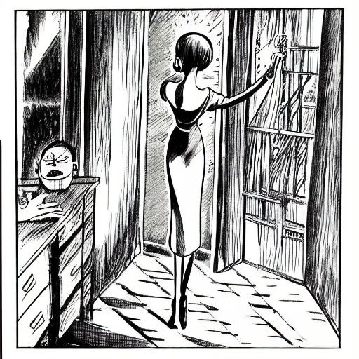 Prompt: horror manga panel ink drawing by junji ito, tatsuki fujimoto of a abomination with long legs and arms peaking through the window, black and white, high quality classic manga, 1 9 9 0, fine details, straight lines, masterpiece