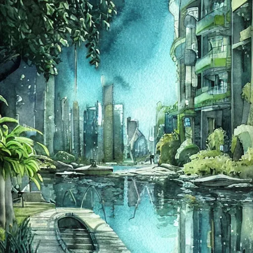 Image similar to Beautiful happy picturesque charming sci-fi city in harmony with nature. Beautiful light. Water and plants. Nice colour scheme, soft warm colour. Beautiful detailed watercolor by Lurid. (2022)