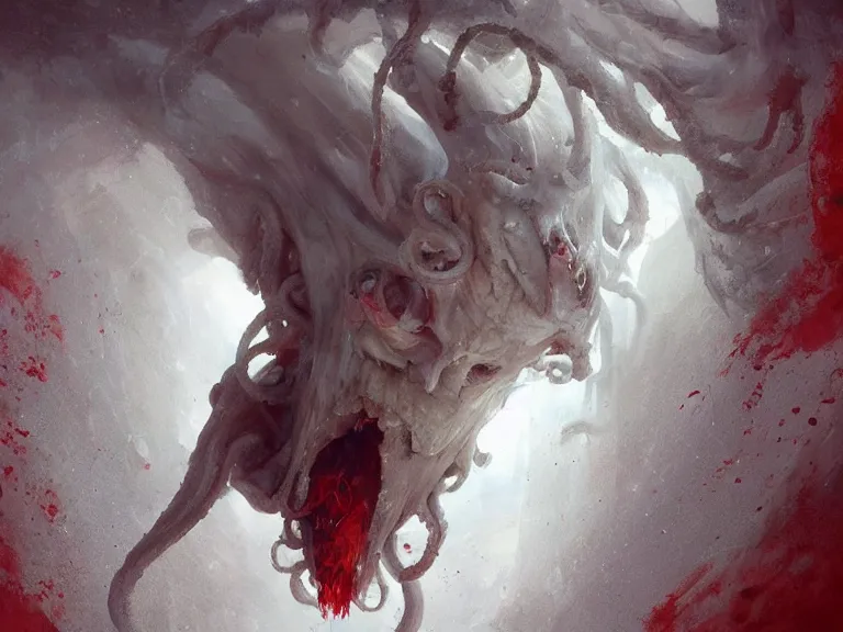 Image similar to painting by greg rutkowski a flying human head with tears running down it's face face that is chalk white in color, with long white!! tentacles!! coming out of the neck, fiery scorching red eyes, flying in a terrying hellish dark cavernous place