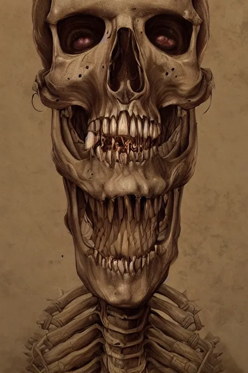 Prompt: Haunting horrifying detailed painting of a man with half a skeleton face and fleshy growths on his face, sharp teeth and dead eyes without iris, hyper detailed, trending on Artstation