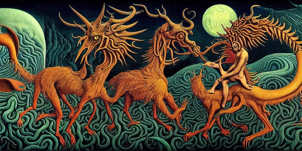 Image similar to mythical creatures and monsters in the visceral heart imaginal realm of the collective unconscious, in a dark surreal painting by johfra, mc escher and ronny khalil