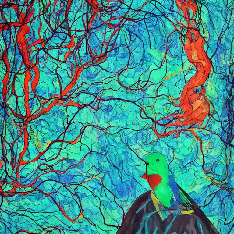 Prompt: human with the sea and the forest inside, veins diverge through the body like rivers filmed on a satellite, a person is decorated with wild berries, a beautiful bird is looking at him next, colorful picture, abstract art