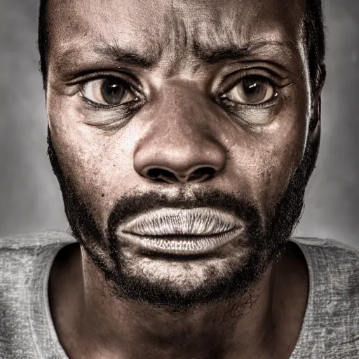 Image similar to a mentally ill black German man, thin, sad, post processing, portrait, realistic, award winning photo 8k