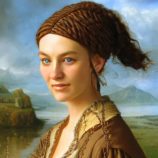 Image similar to portrait of a frisian woman ( 3 5 ) from magna frisia, fryslan, an oil painting by ross tran and thomas kincade