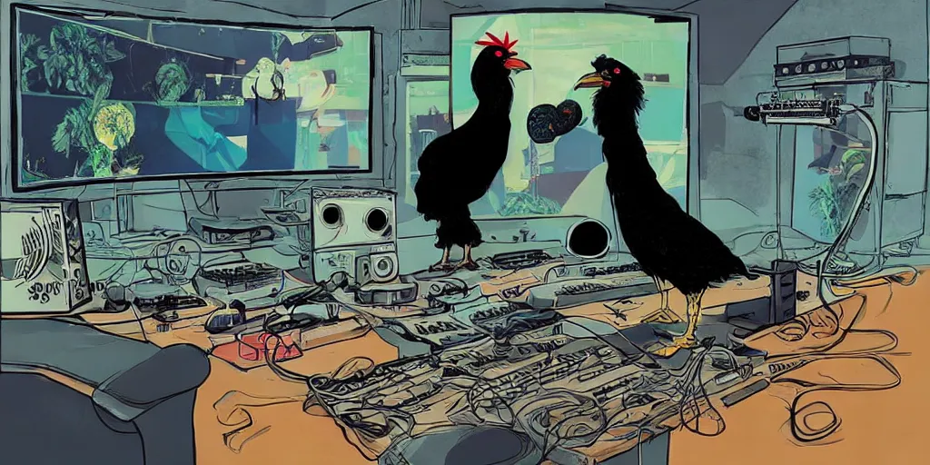 Image similar to 'black chicken'!!! smoking 'cannabis'!!!!!! in front of 'audio console'!!!! and 'multi monitors'!!!! 'in a hi-tech tv broadcasting studio'!!!!, artwork by James Gilleard