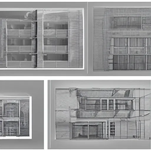 Prompt: a detailed architecture presentation board with sections, elevations and 3d models of a building