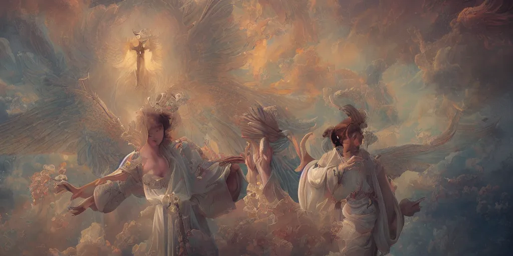 Image similar to breathtaking detailed concept art painting of angels in heaven, holy, ornate background, by hsiao - ron cheng, extremely moody lighting, 8 k