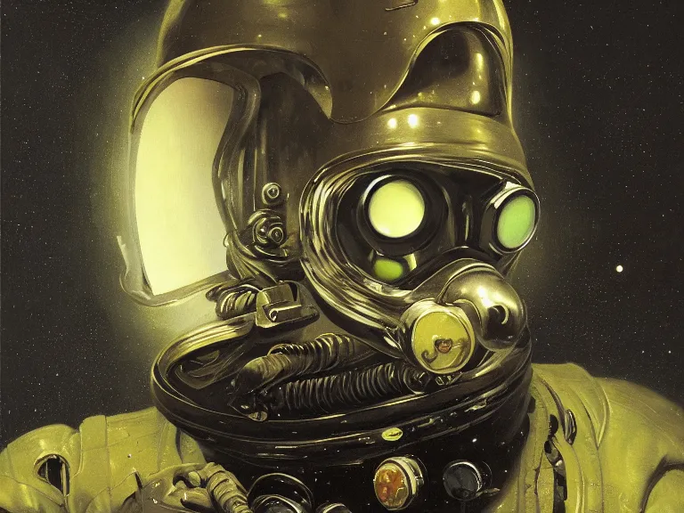Prompt: a detailed profile oil painting of an ominous figure in a spacesuit with reflective visor and gas mask, flight suit, symmetrical and science fiction theme with aurora lighting by beksinski carl spitzweg and tuomas korpi. baroque elements, full-length view. baroque element. intricate artwork by caravaggio. Trending on artstation. 8k