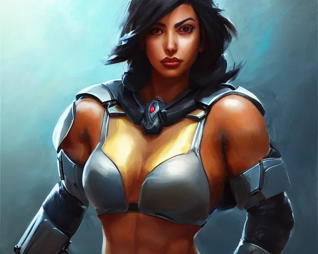 Image similar to portrait of pharah from overwatch as a beautiful female bodybuilder amazon with plump lips, elegant, fantasy, hd shot, digital portrait, beautiful, artstation, comic style, by artgerm, guy denning, jakub rozalski, magali villeneuve and charlie bowater