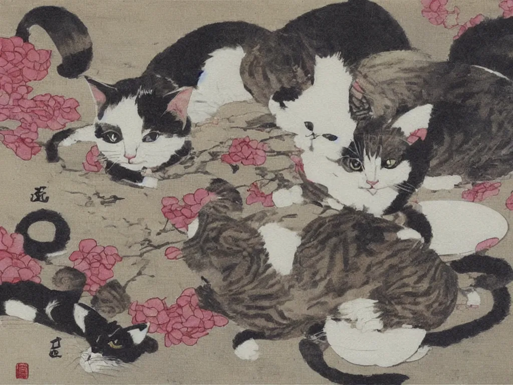 Prompt: cat breaking the china. Painting by Tsuguharu Fujita