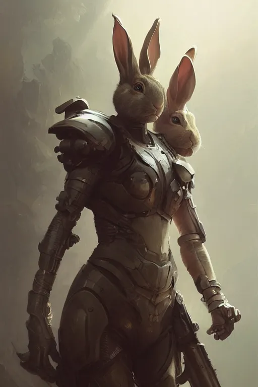 Image similar to rabbit girl portrait, sci - fi, futuristic armor, dramatic lighting, highly detailed, digital painting, 3 d render, hyper realistic detailed portrait, greg rutkowski, wlop, ruan jia, peter mohrbacher