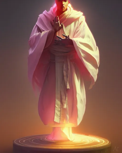 Prompt: a robot monk wearing a flowing cloak, vaporwave aesthetic, 3 d render, octane, zbrush, painting, artstation, concept art, smooth, sharp focus, illustration, art by artgerm and greg rutkowski and alphonse mucha