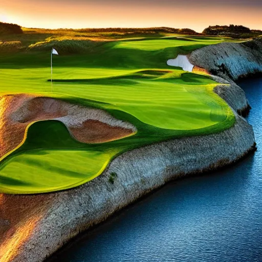 Image similar to a great photograph of the most amazing golf hole in the world, cliffs by the sea, perfect green fairway, human perspective, ambient light, 5 0 mm, golden hour