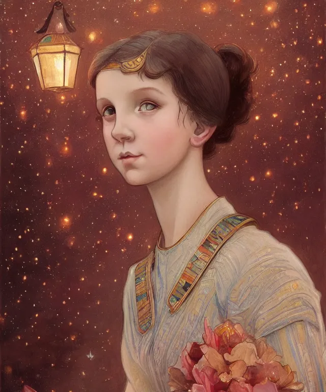 Prompt: a beautiful painting of a girl resembling millie bobby brown at the lantern festival in a an ancient egyptian town, at night with a sky full of stars, intricate, elegant, highly detailed, digital painting, artstation, concept art, by krenz cushart and artem demura and alphonse mucha