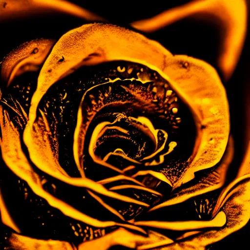 Image similar to award - winning macro of a beautiful black rose made of glowing molten magma, inner glow, lava texture